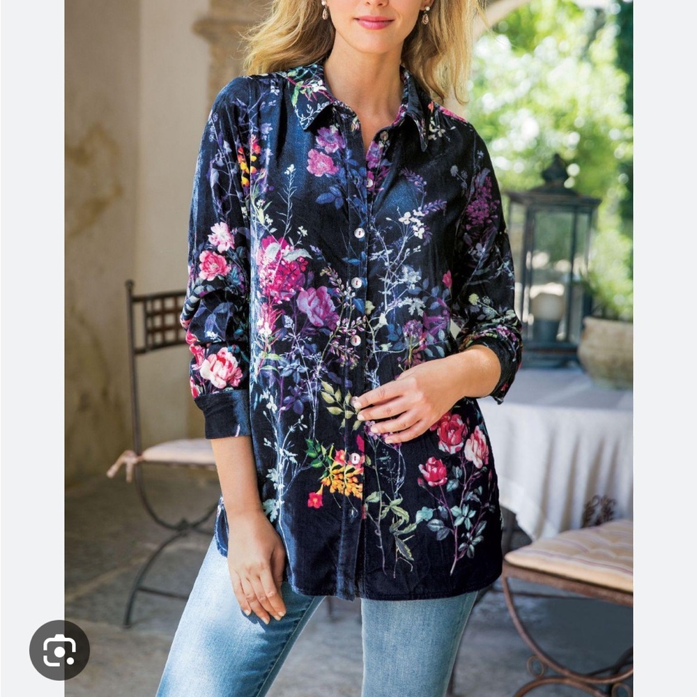 Soft Surrounding | ‘Jardim’ Velvet Button Front Shirt Size PM